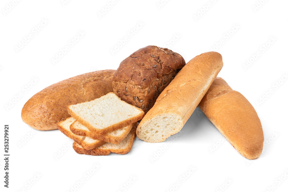 Bakery products isolated on white background. Baguette, toast bread, crispbreads and bread.