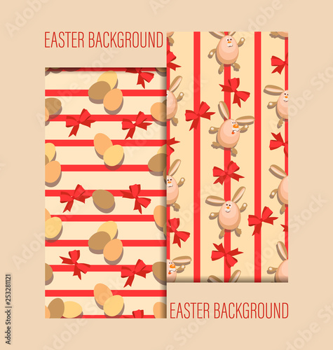 Easter seamless patterns. Set. Festive backgrounds with Easter eggs, hares, ribbons and bows. Design for festive textiles, packaging materials.