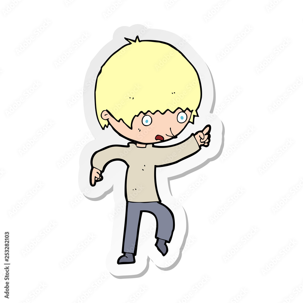 sticker of a cartoon worried boy pointing sticker of a cartoon worried boy pointing