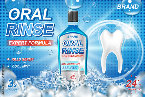 Mouth rinse ads, refreshing mouthwash product with ice cubes. White tooth and Oral rinse package Banner design on blue background. 3d vector illustration.