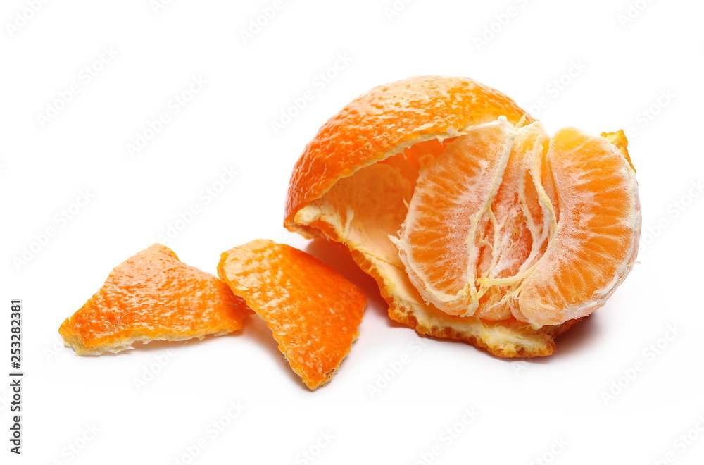 Peeled clementine, orange mandarin slices isolated on white background