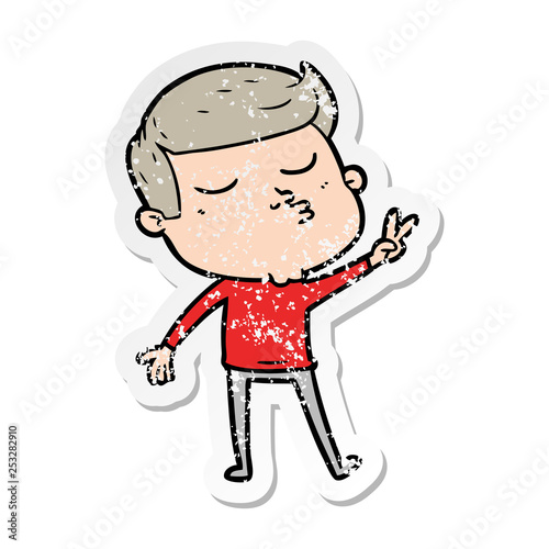distressed sticker of a cartoon model guy pouting