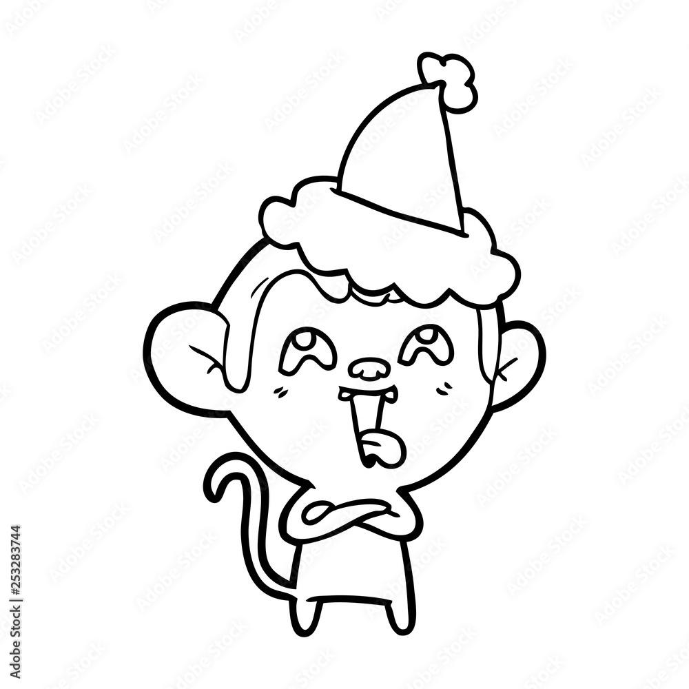 crazy line drawing of a monkey wearing santa hat