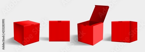 Set of realistic square cardboard packaging, paper boxes. High red cardboard box mockup