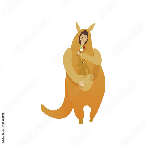 Smiling man in costume of kangaroo with toy animal in pouch and ice-cream in hand. Funny Halloween outfit. Flat vector