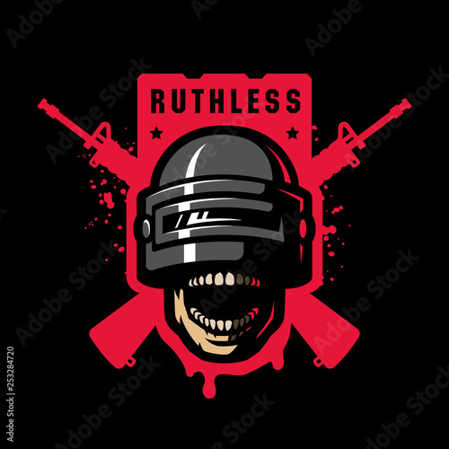 Skull in a stormtrooper helmet, sport game logo on a dark background.