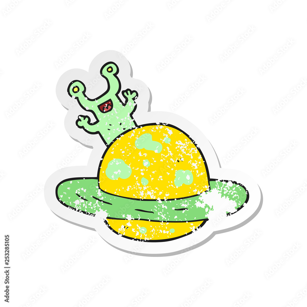 retro distressed sticker of a cartoon alien planet retro distressed sticker of a cartoon alien planet