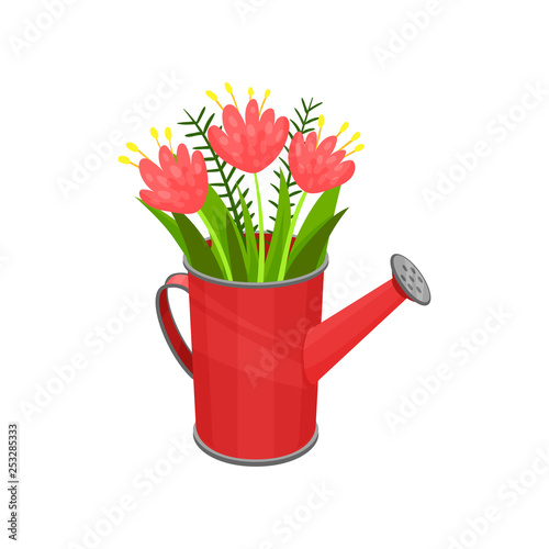 Bouquet of fresh spring flowers in bright red watering can. Cute natural composition. Flat vector icn