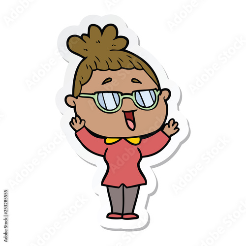 sticker of a cartoon happy woman wearing spectacles