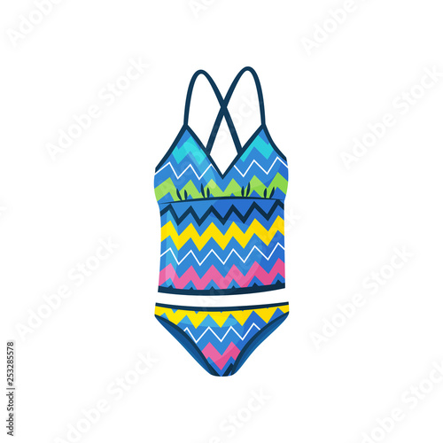 Flat vector icon of female swimsuit with zigzag pattern. One-piece bodysuit for swimming. Stylish women swimwear