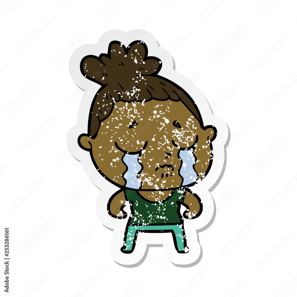 distressed sticker of a cartoon tough woman crying distressed sticker of a cartoon tough woman crying