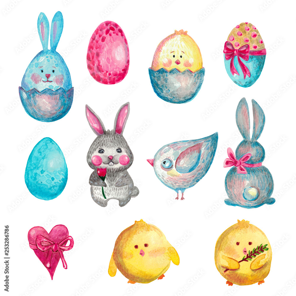 Spring Easter set of watercolor elements Rabbit chicken bird heart egg on white isolated background Spring Easter set of watercolor elements Rabbit chicken bird heart egg on white isolated background