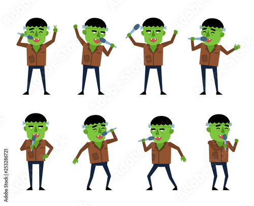 Set of zombie characters posing with microphone in various situations. Funny halloween character karaoke singing. Flat design vector illustration