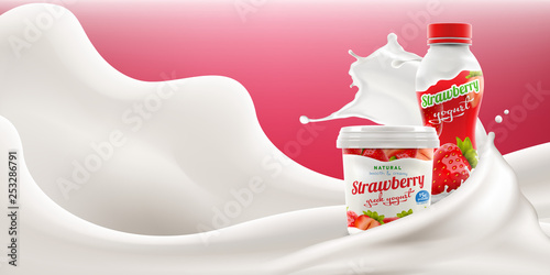 Whole milk yogurt bottle and jar vector design with strawberry berries, commercial vector meal advertising branding ready mock-up realistic illustration