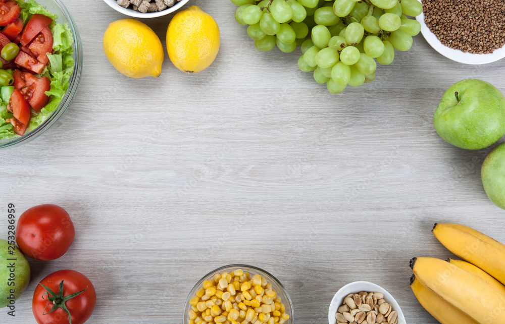 background diet plan with fresh vegetables and fruits on the table background diet plan with fresh vegetables and fruits on the table