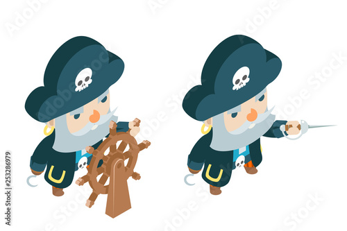 Capitan corsair pirate ship buccaneer filibuster sea dog sailor fantasy RPG treasure game isometric character flat design vector illustration