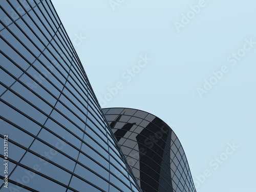 3D stimulate of high rise curve glass building and dark steel window system on blue clear sky background Business concept of future architecture lookup to the angle of the corner building.