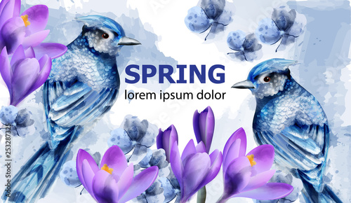 Spring card watercolor Vector with cute birds and flowers. Blue small birds. Magnolia flowers. Vintage Color stains splash on backgrounds