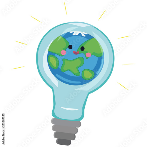 Light bulb with world inside and global warming isolated on white, Earth hour coccept save planet 60 minut or one hour turn off light