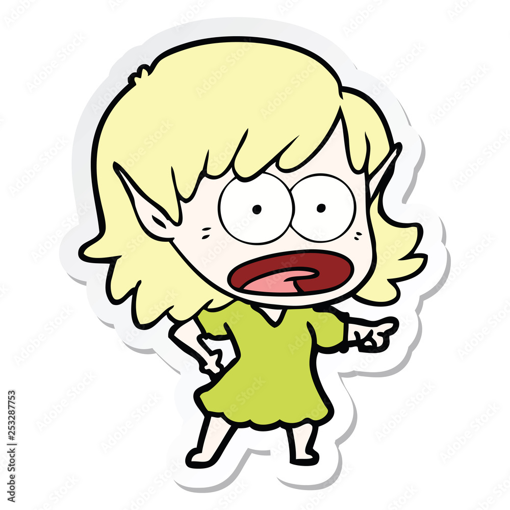 sticker of a cartoon shocked elf girl pointing sticker of a cartoon shocked elf girl pointing
