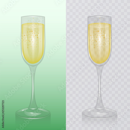 The champagne glass, Mock up, template of glassware for alcoholic drinks, champagne flute, Realistic vector illustration