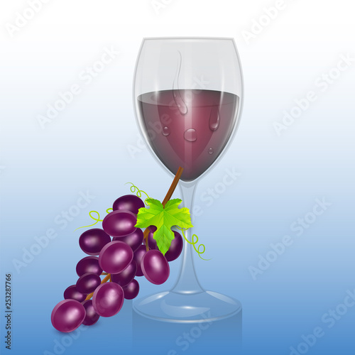 Transparent vector wine glass with red wine, template of glassware for alcoholic drinks. Realistic vector illustration