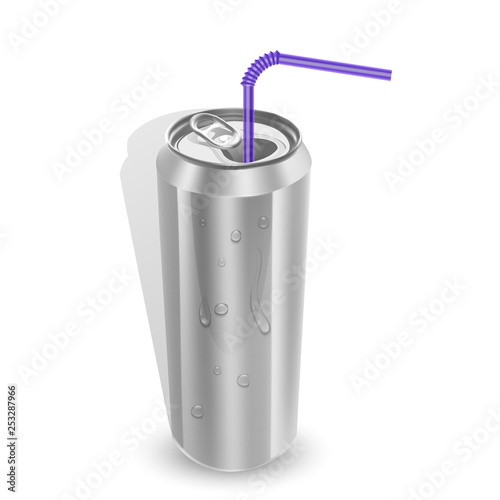 Aluminum can isolated on white background, 3D vector Illustration The image of the empty layout for your design, Bottle with water drops.