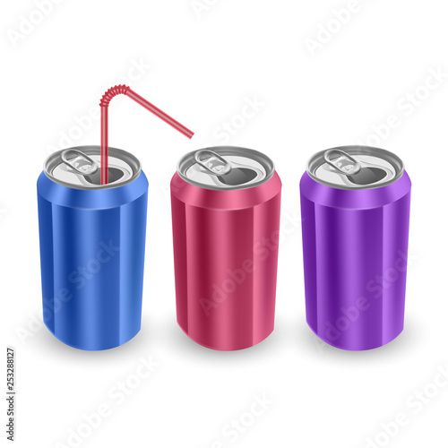 Set of Aluminum cans of Blue, Pink and Purple colors, isolated on white background. The image of the empty layout for your design, 3D vector Illustration