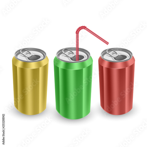 Set of Aluminum cans of yellow,green and red colors, isolated on white background. The image of the empty layout for your design, 3D vector Illustration