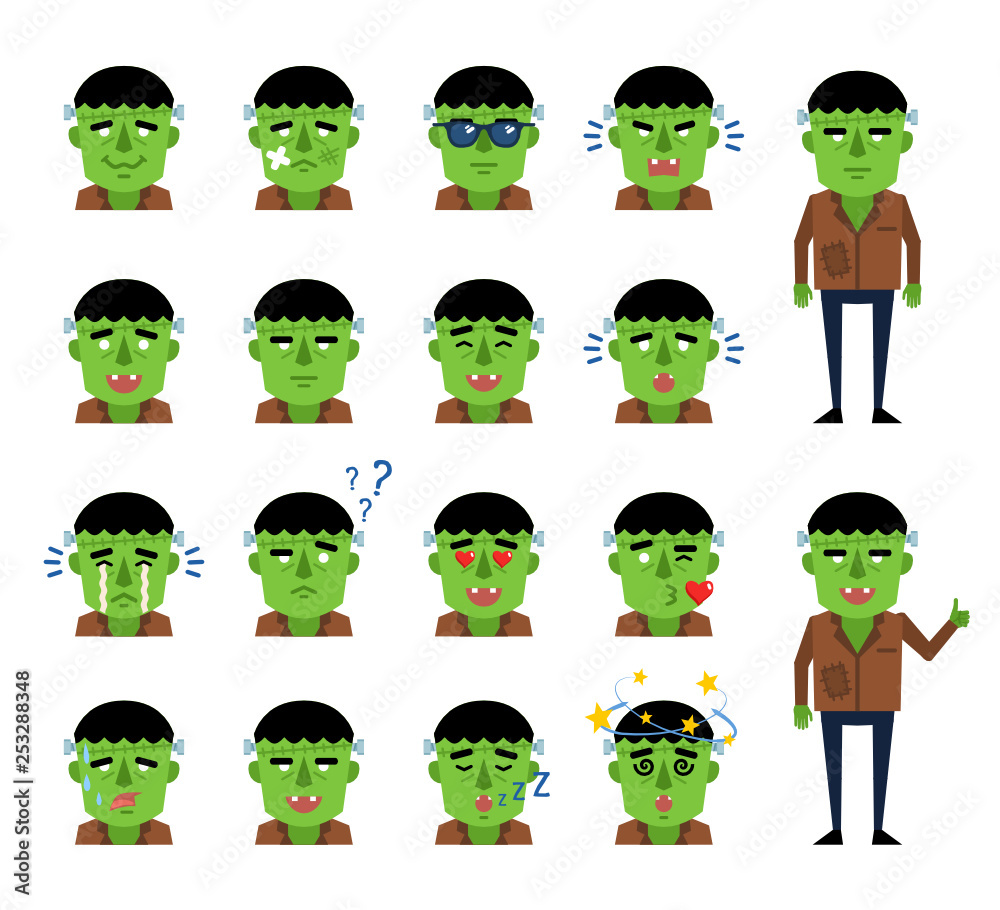 Set of zombie halloween emoticons showing diverse emotions. Laugh, cry, sad, happy, angry, tired, surprised, dazed and other expressions. Flat design vector illustration Set of zombie halloween emoticons showing diverse emotions. Laugh, cry, sad, happy, angry, tired, surprised, dazed and other expressions. Flat design vector illustration