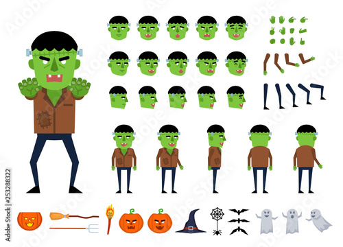 Zombie monster creation kit. Create your own pose, action, animation. Various gestures, emotions, design elements. Flat design vector illustration