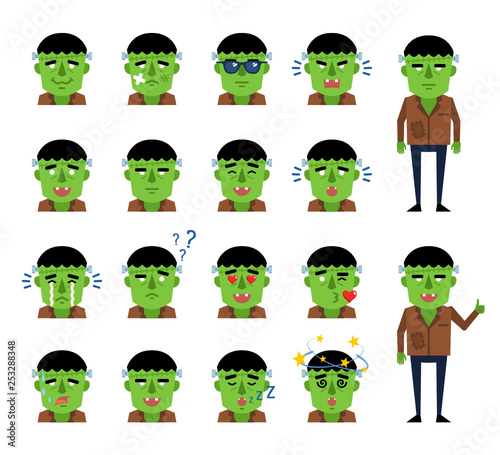 Set of zombie halloween emoticons showing diverse emotions. Laugh, cry, sad, happy, angry, tired, surprised, dazed and other expressions. Flat design vector illustration