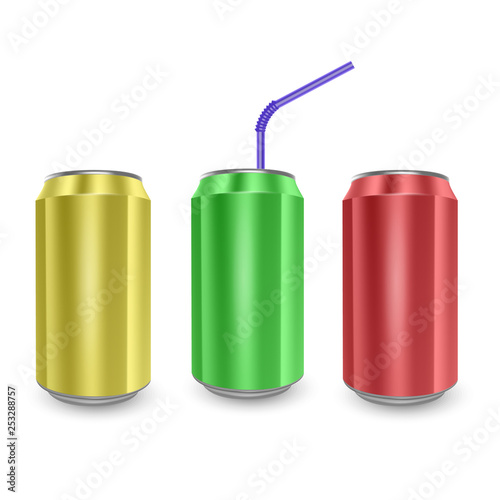 Set of Aluminum cans of yellow,green and red colors, isolated on white background. The image of the empty layout for your design, 3D vector Illustration