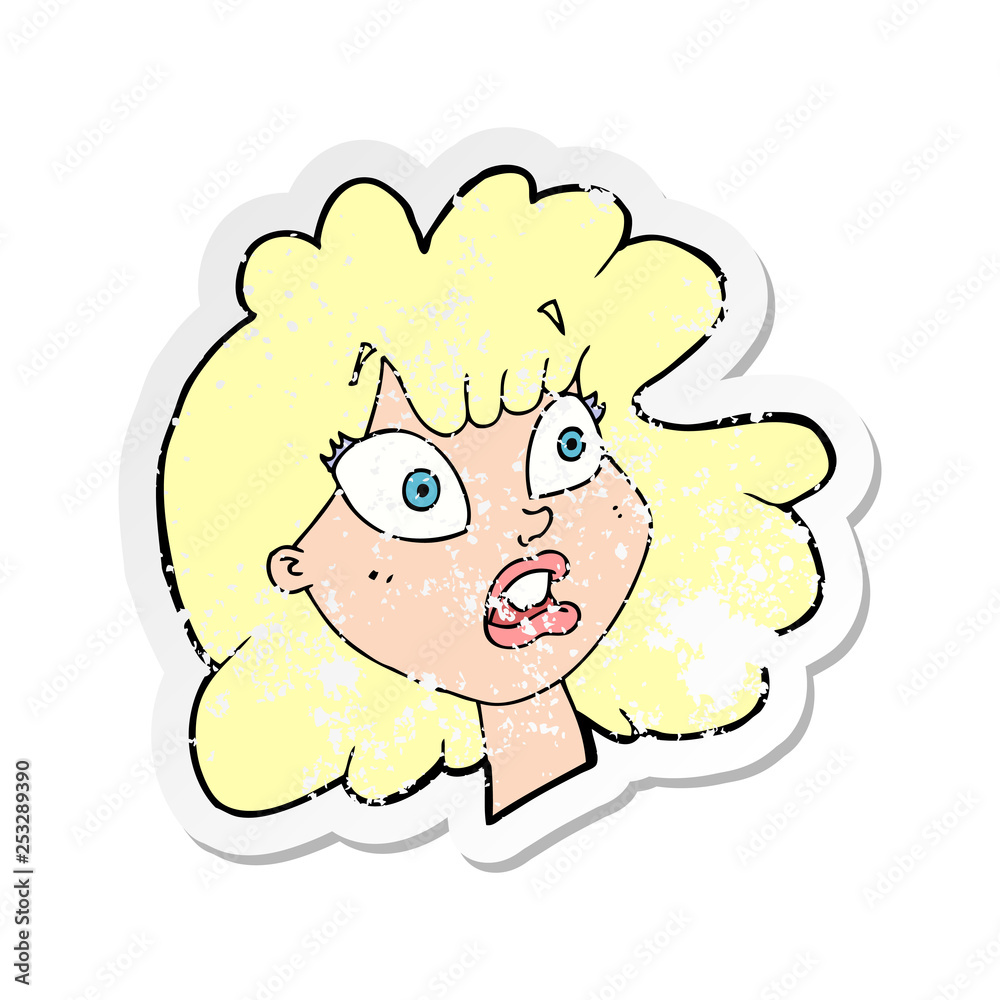 retro distressed sticker of a cartoon shocked female face retro distressed sticker of a cartoon shocked female face