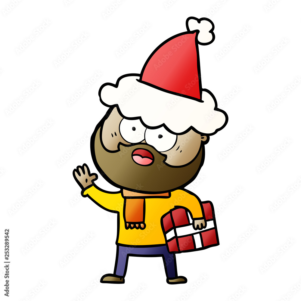 gradient cartoon of a bearded man with present wearing santa hat gradient cartoon of a bearded man with present wearing santa hat
