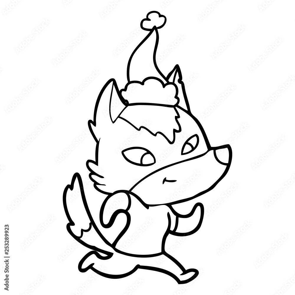 friendly line drawing of a wolf wearing santa hat friendly line drawing of a wolf wearing santa hat