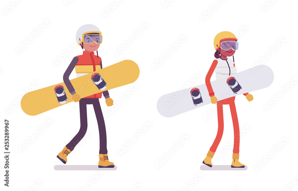 Sporty man and woman carrying snowboard equipment, winter outdoor activities on ski resort, having active holiday, wintertime tourism. Vector flat style cartoon illustration isolated, white background