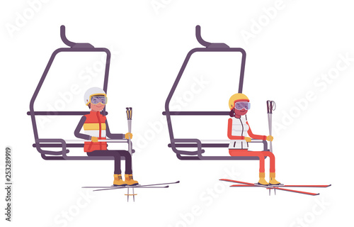 Sporty young man and woman at ski lift, enjoy winter outdoor activities on resort, having active holiday fun, wintertime recreation. Vector flat style cartoon illustration isolated, white background