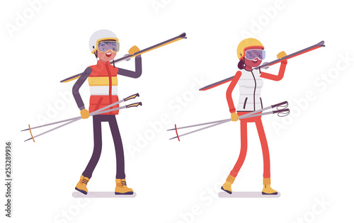 Sporty man and woman carrying ski equipment, winter outdoor activities on resort, having active holiday, fun, wintertime recreation. Vector flat style cartoon illustration isolated on white background