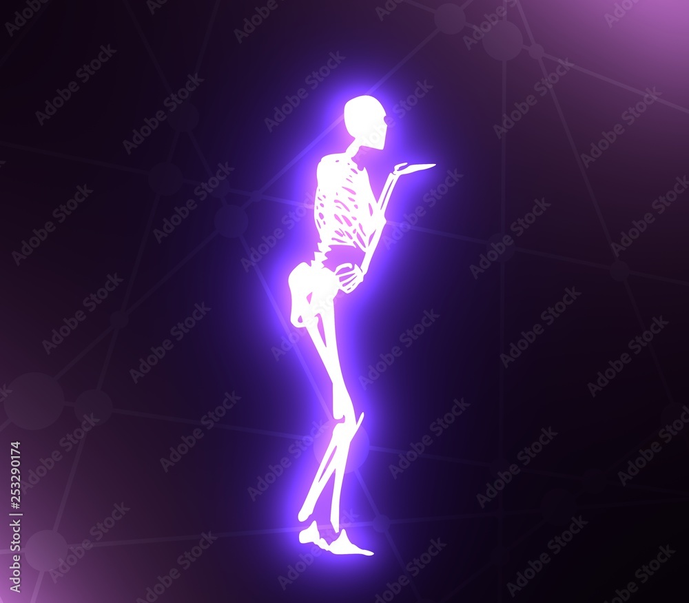 Human skeleton who sends an air kiss. Halloween party design template. 3D rendering