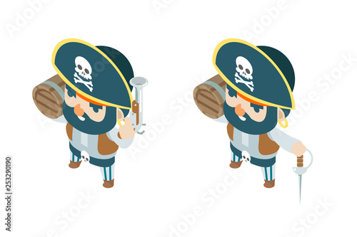 Pistol black powder flintlock corsair pirate ship buccaneer filibuster sea dog sailor fantasy RPG treasure game isometric character flat design vector illustration