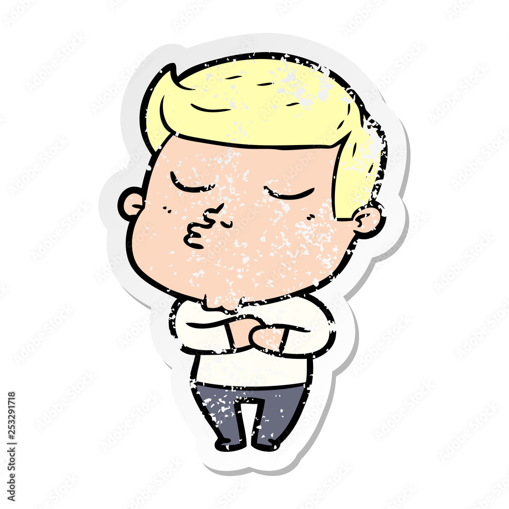 distressed sticker of a cartoon model guy pouting