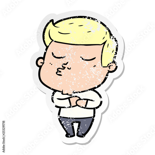 distressed sticker of a cartoon model guy pouting