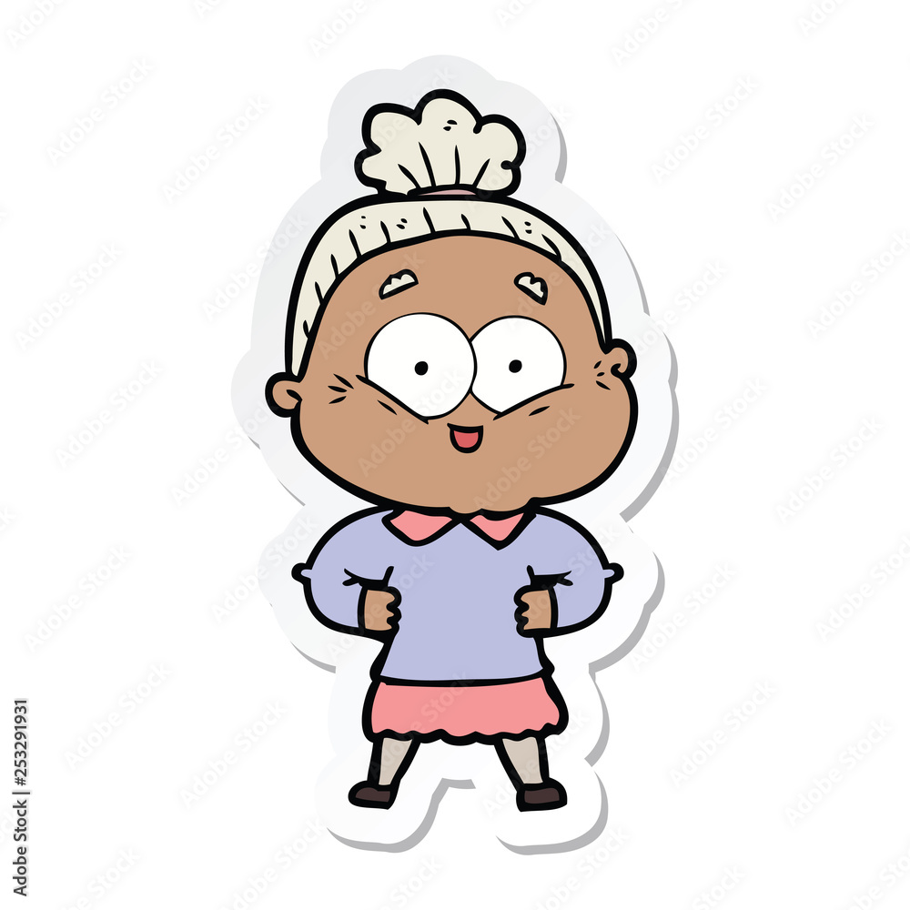sticker of a cartoon happy old woman sticker of a cartoon happy old woman