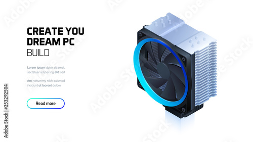 Computer air cooling with color led lighting for cpu processor, 3d realistic fan isometric illustration, custom gaming and workstation components, computer components and accessories store