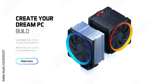 Computer air cooling with color led lighting for cpu processor, 3d realistic fan isometric illustration, custom gaming and workstation components, computer components and accessories store