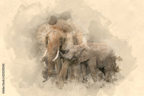 Fototapeta Naklejka Na Ścianę i Meble -  Beautiful watercolour painting of Mother and Calf Baby African Elephant Loxodonta Africana