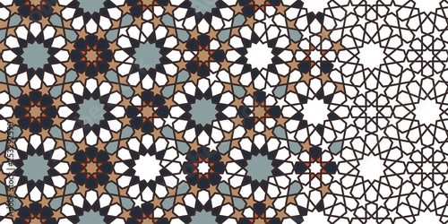 Arabesque seamless vector pattern. Geometric halftone texture with color tile disintegration or breaking