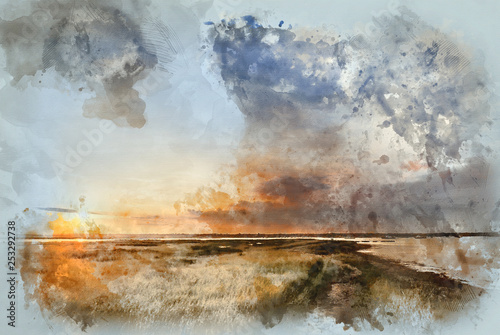 Obraz na plátně Watercolour painting of Beautful Summer evening landscape over wetlands and harb