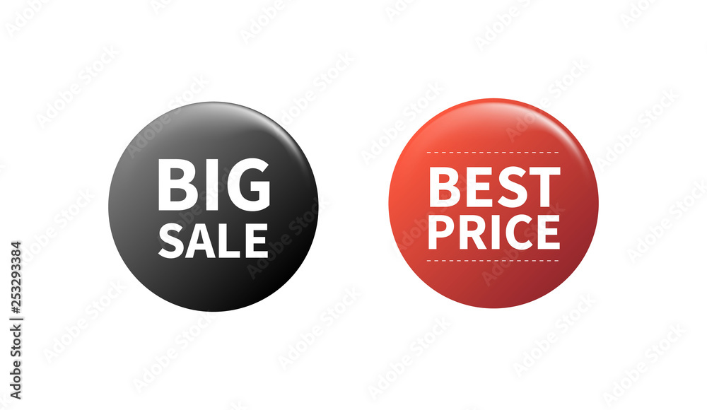 Sales pin badges. Circled badging button, 3d glossy price tag. Big sale, best price vector badges. Isolated on white background. Sales pin badges. Circled badging button, 3d glossy price tag. Big sale, best price vector badges. Isolated on white background.